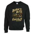 Bombardino Crocodilo print on a black crewneck sweatshirt, front view