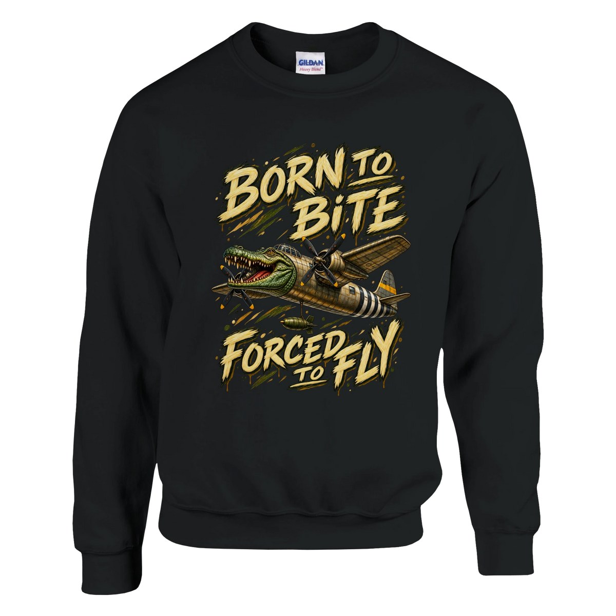 Bombardino Crocodilo print on a black crewneck sweatshirt, front view