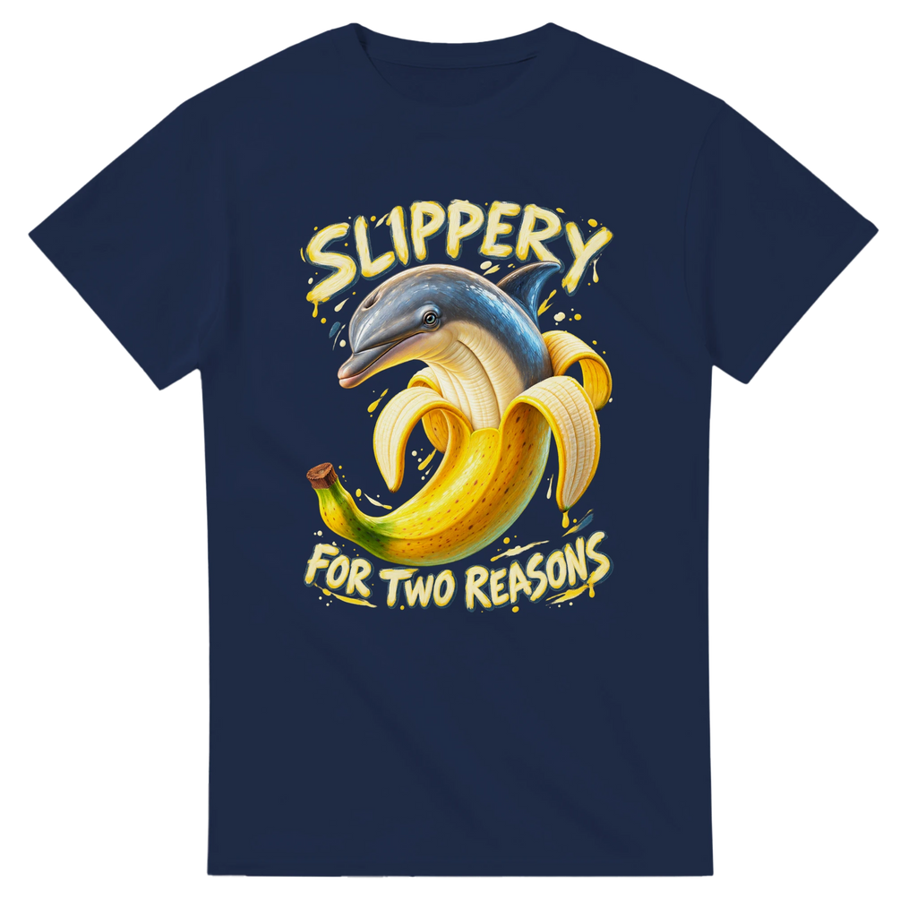 Navy t-shirt printed with Bananita Dolphinita and the words Slippery, for two reasons, front view