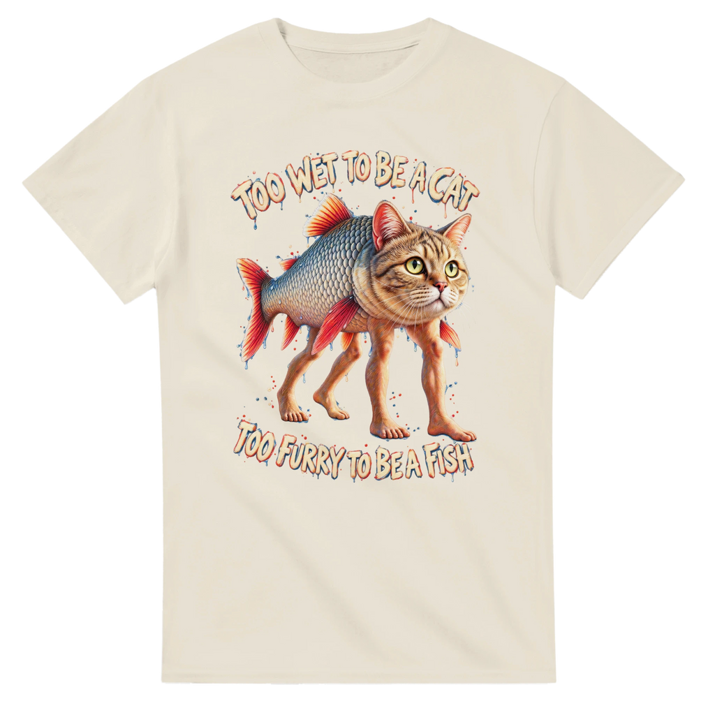 Natural t-shirt printed with Trulimero Trulichina and the words Too wet to be a cat, too furry to be a fish, front view