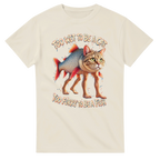 Natural t-shirt printed with Trulimero Trulichina and the words Too wet to be a cat, too furry to be a fish, front view