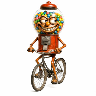 Chicleteira Bicicleteira, the grinning gumball machine brainrot character riding a bicycle