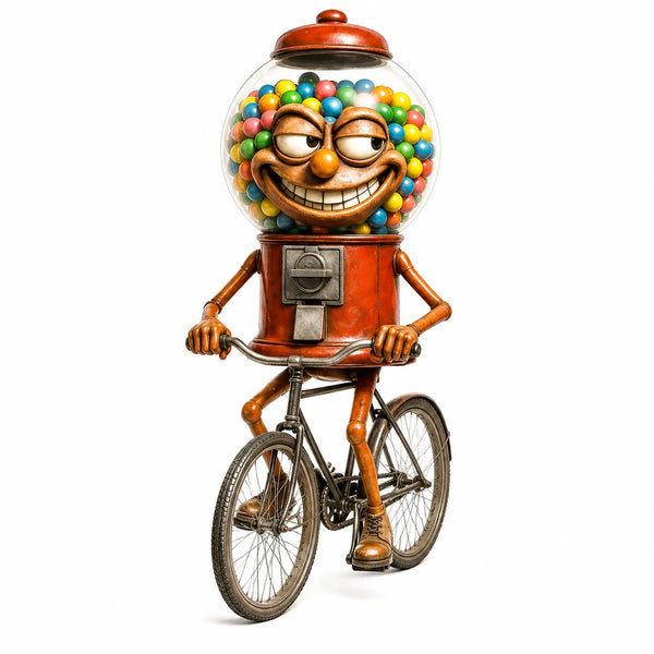 Chicleteira Bicicleteira, the grinning gumball machine brainrot character riding a bicycle