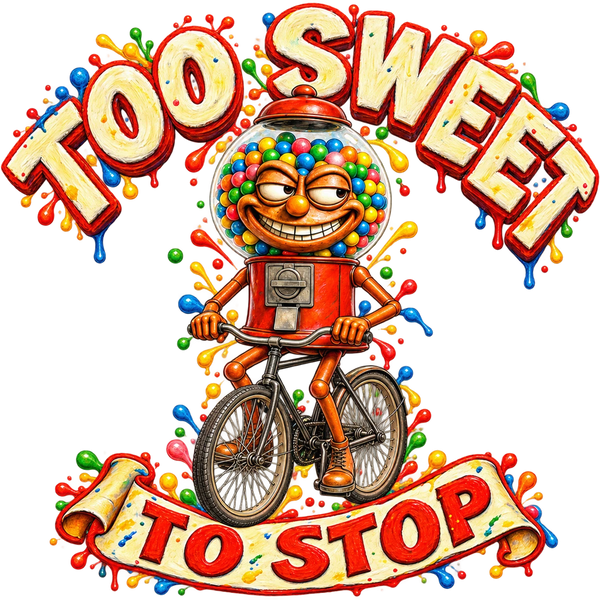 Chicleteira Bicicleteira, the grinning gumball machine brainrot character riding a bicycle, with the words Too sweet to stop.