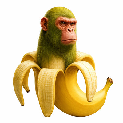 Chimpanzini Bananini, the brainrot monkey rising out of a peeled banana