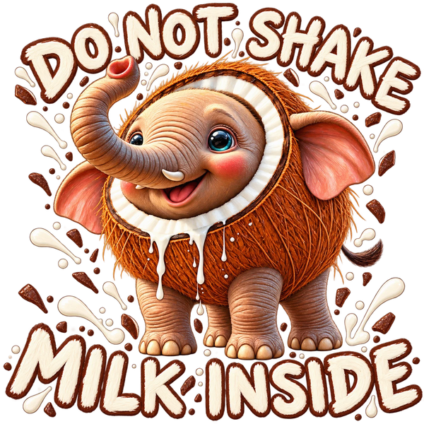 Cocofanto Elefanto, the brainrot elephant with a coconut for a body, with the words Do not shake. Milk inside.