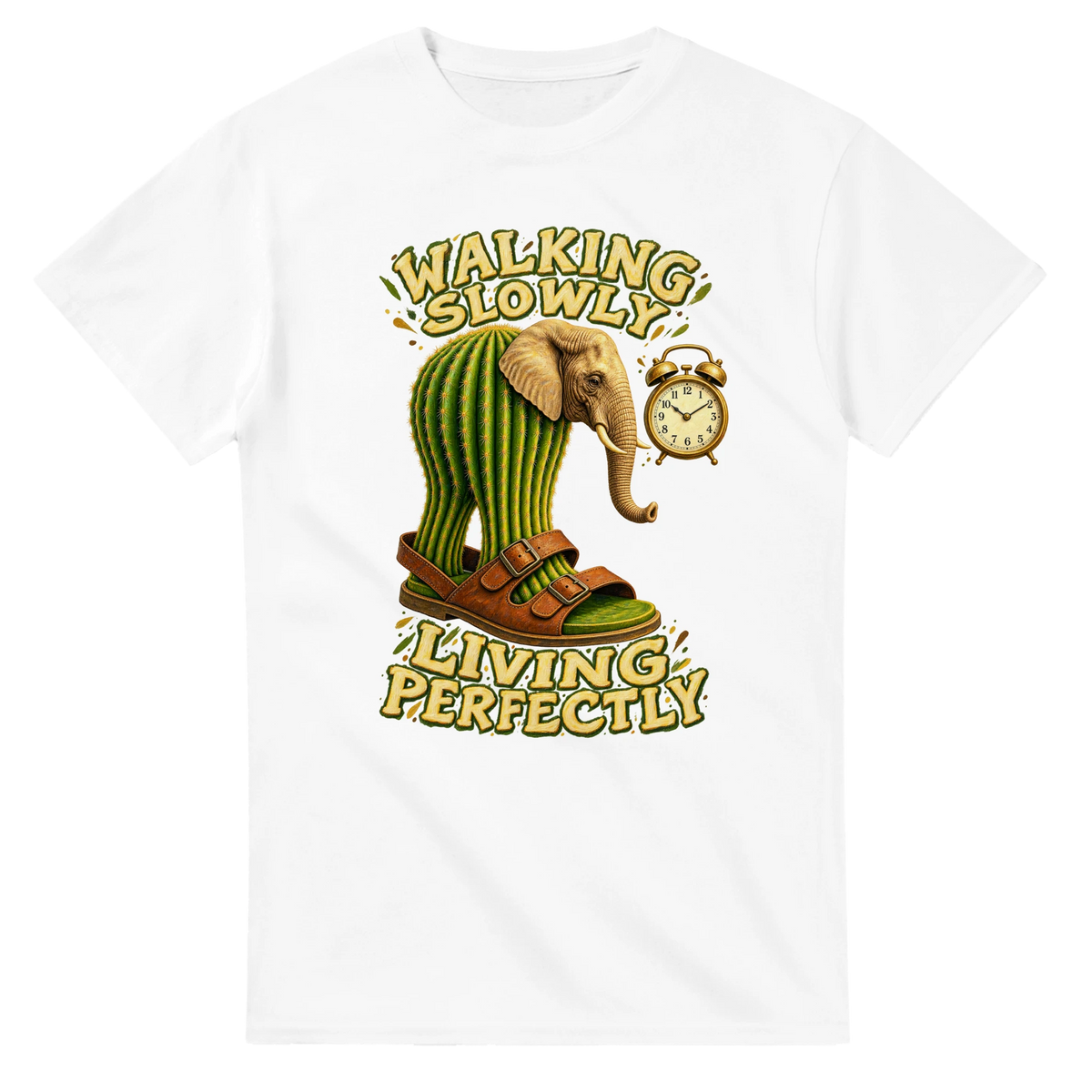White t-shirt printed with Lirili Larila and the words Walking slowly, living perfectly, front view