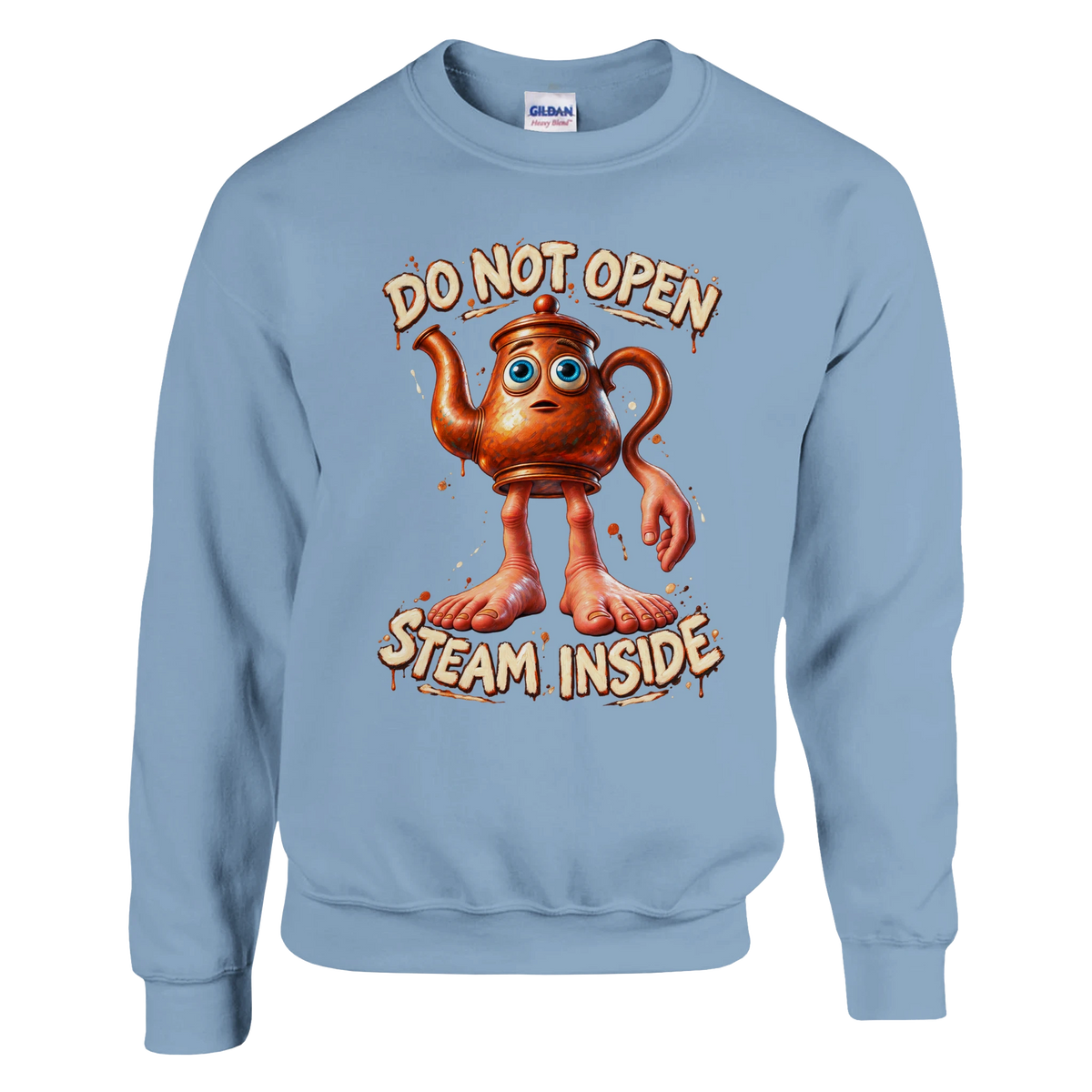 Ta Ta Ta Sahur print on a light blue crewneck sweatshirt, front view
