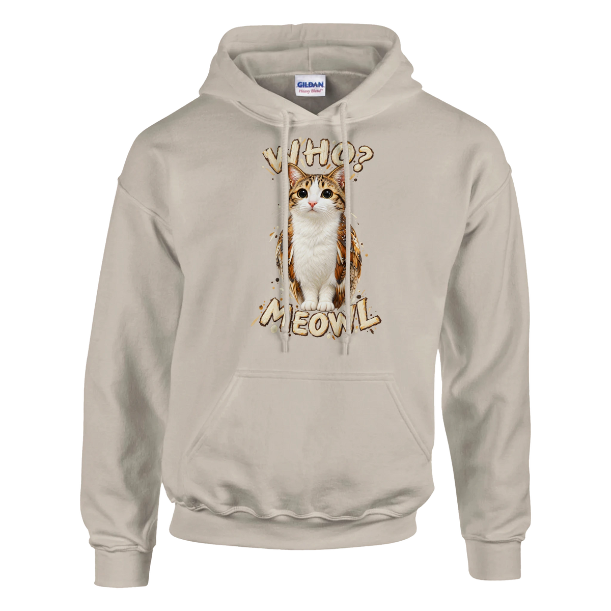 Meowl print on a sand pullover hoodie, front view