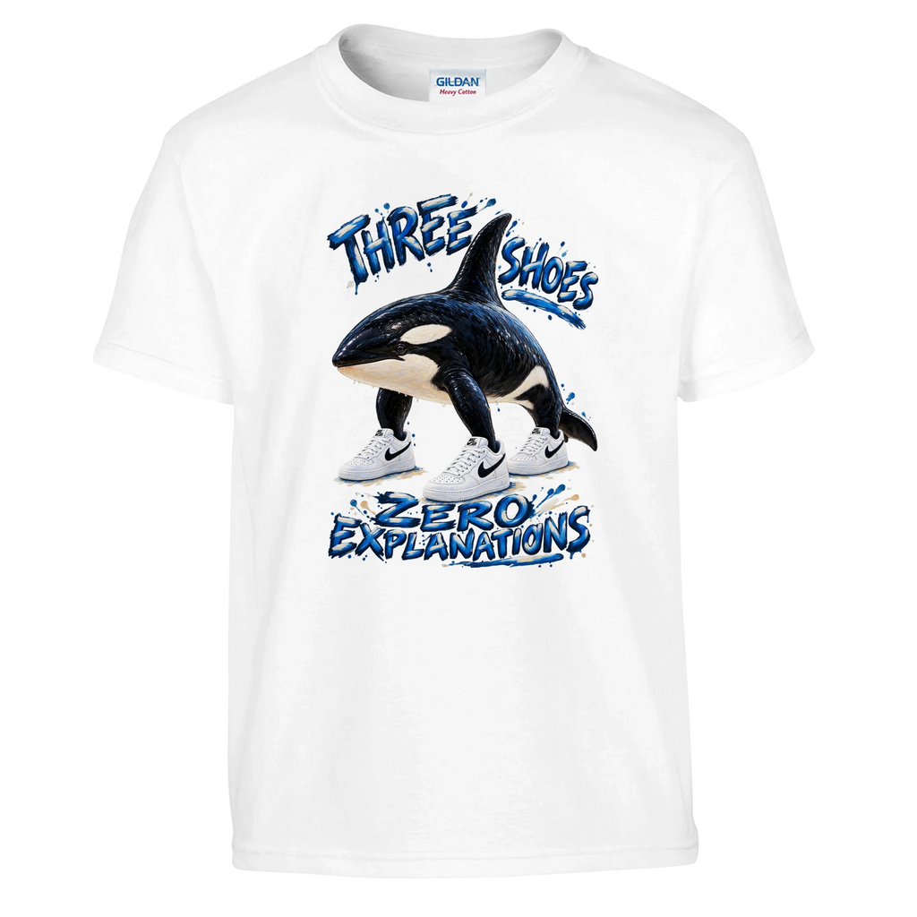 Orcalero Orcala print on a white kids t-shirt, front view