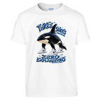 Orcalero Orcala print on a white kids t-shirt, front view