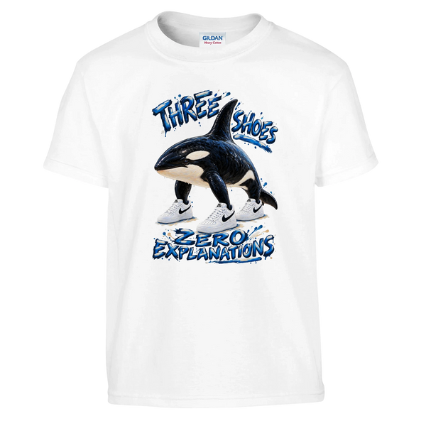 Orcalero Orcala print on a white kids t-shirt, front view