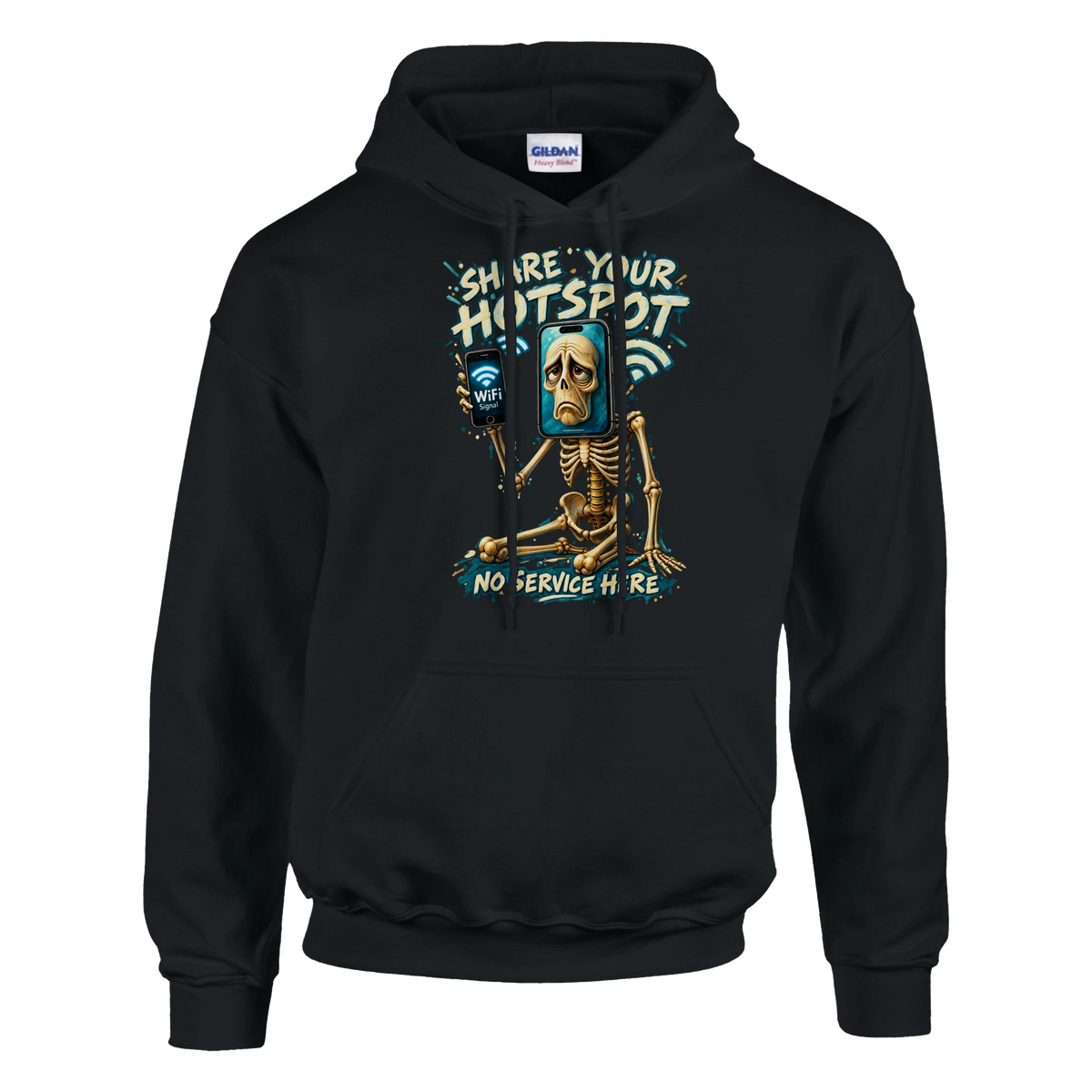 Pot Hotspot print on a black pullover hoodie, front view