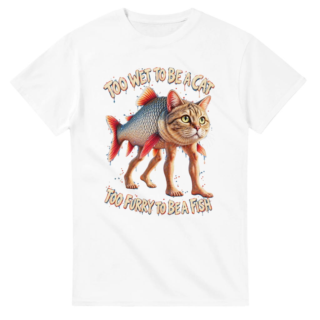 White t-shirt printed with Trulimero Trulichina and the words Too wet to be a cat, too furry to be a fish, front view