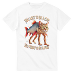 White t-shirt printed with Trulimero Trulichina and the words Too wet to be a cat, too furry to be a fish, front view