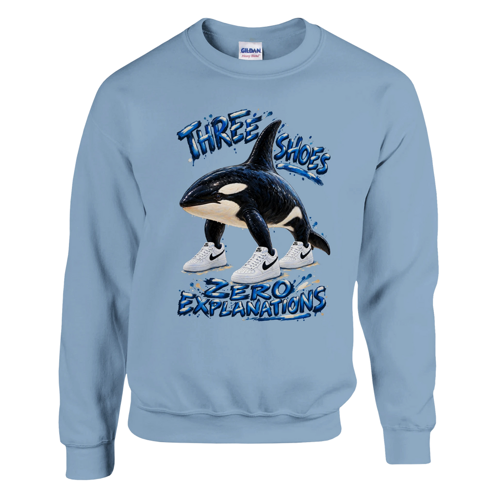 Orcalero Orcala print on a light blue crewneck sweatshirt, front view