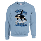 Orcalero Orcala print on a light blue crewneck sweatshirt, front view
