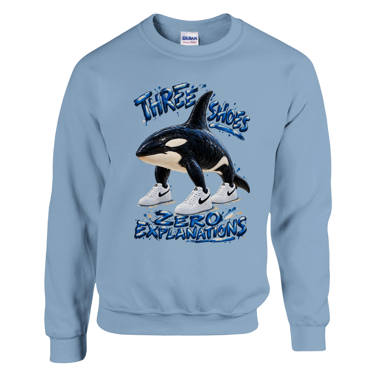 Orcalero Orcala print on a light blue crewneck sweatshirt, front view