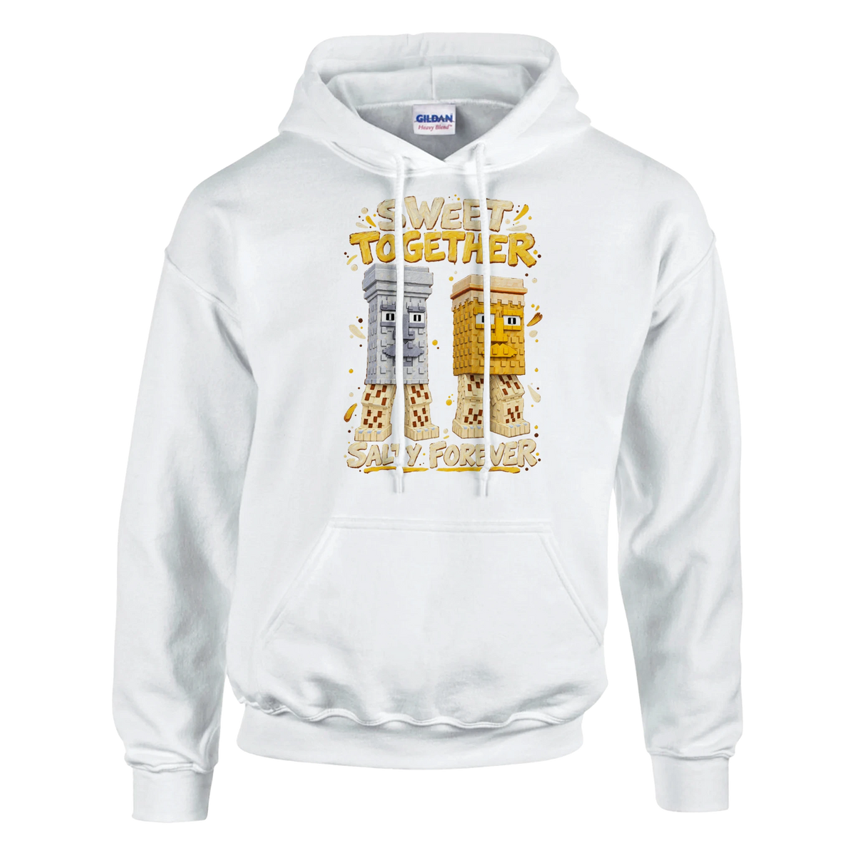 Garama and Madundung print on a white pullover hoodie, front view