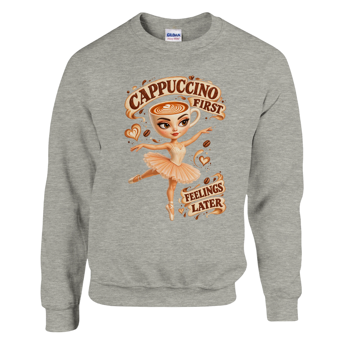 Ballerina Cappuccina print on an ash grey crewneck sweatshirt, front view