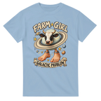 Light Blue t-shirt printed with La Vaca Saturno Saturnita and the words Farm girl, galactic problem, front view