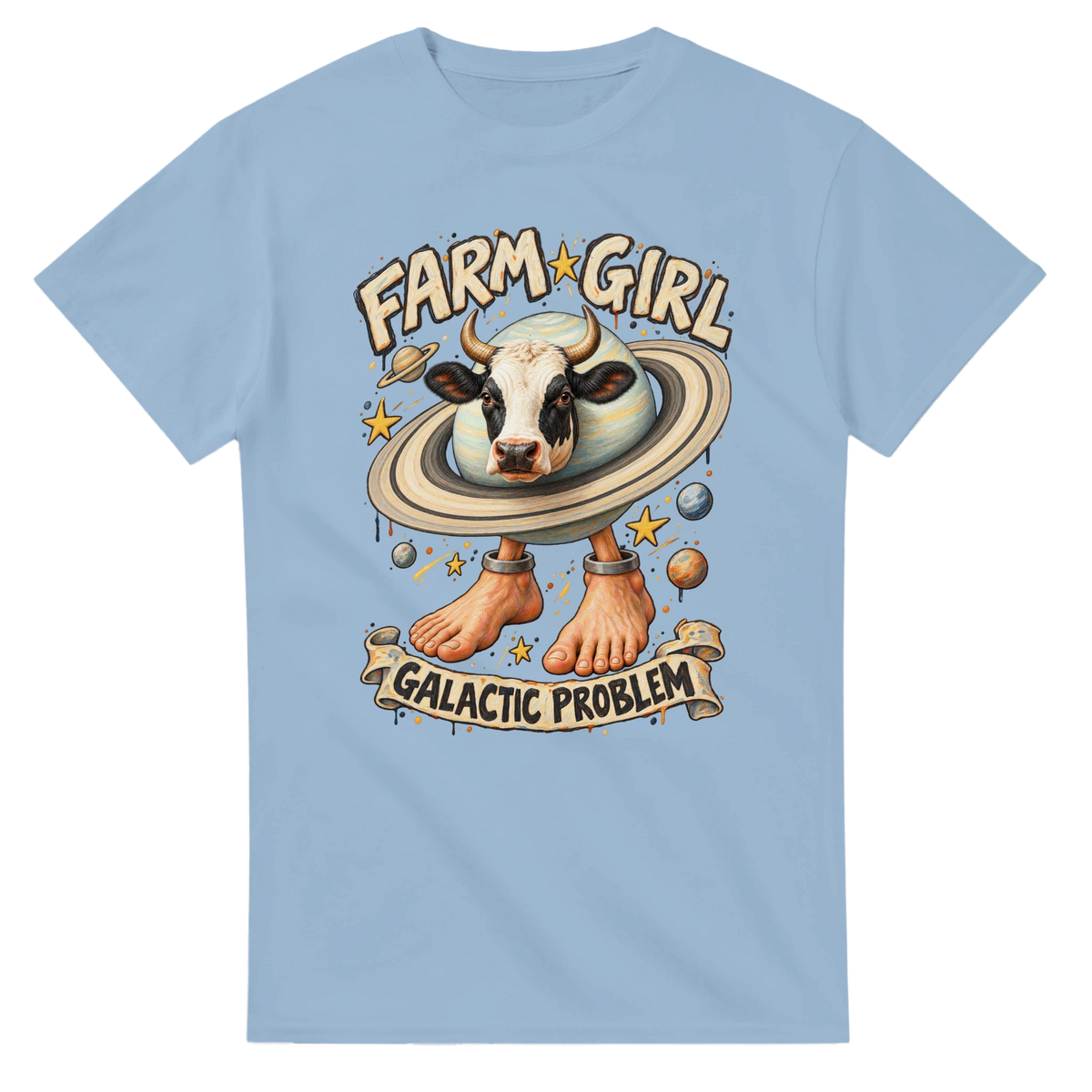 Light Blue t-shirt printed with La Vaca Saturno Saturnita and the words Farm girl, galactic problem, front view