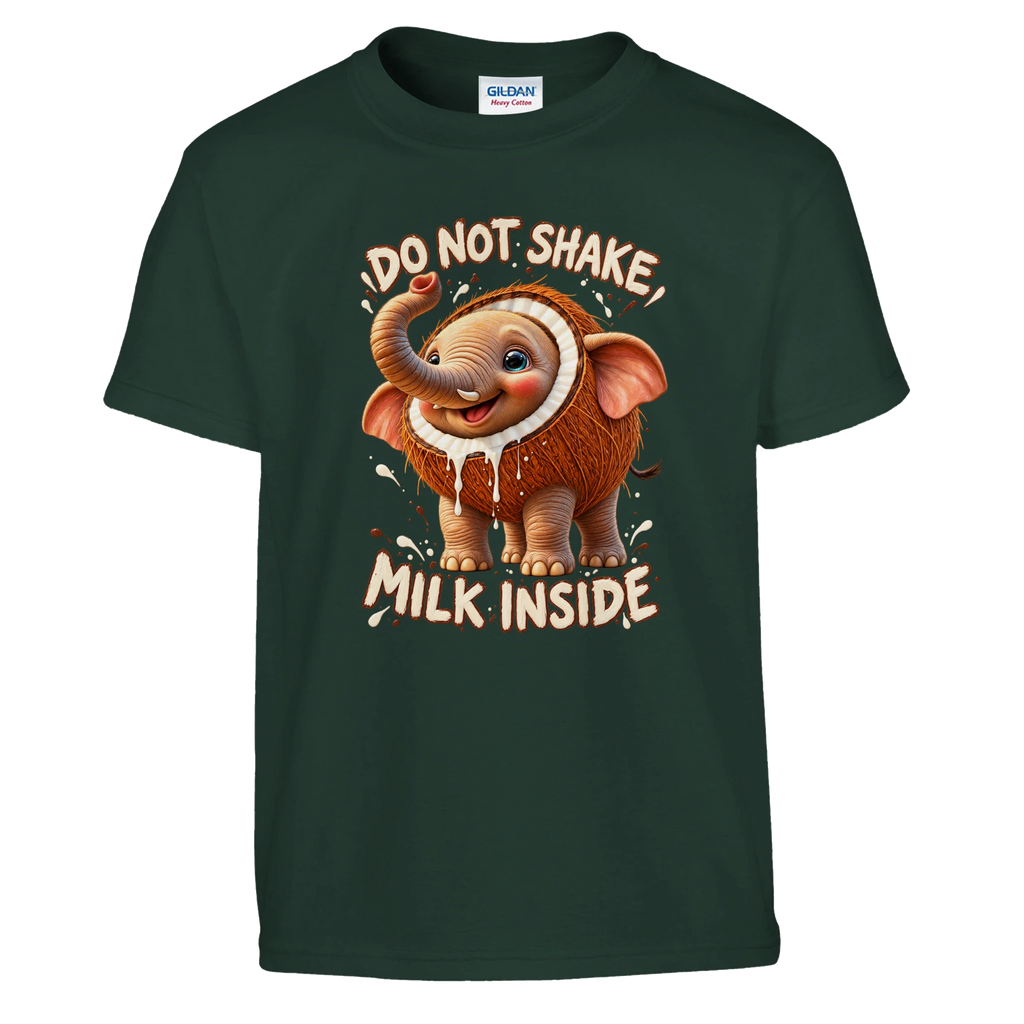 Cocofanto Elefanto print on a forest green kids t-shirt, front view