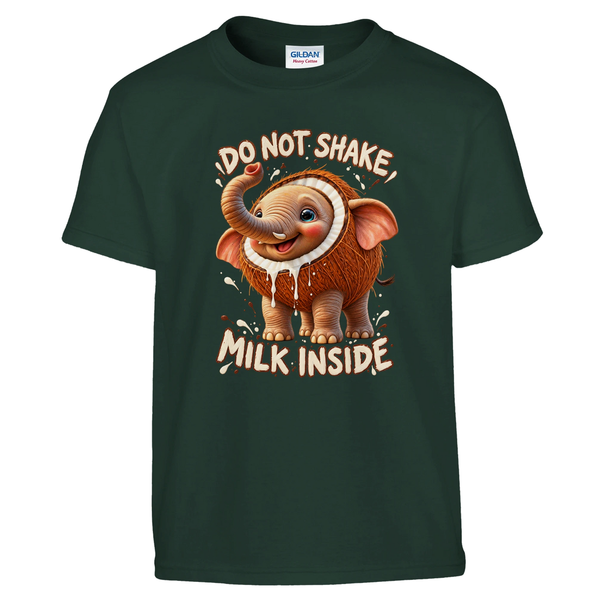 Cocofanto Elefanto print on a forest green kids t-shirt, front view