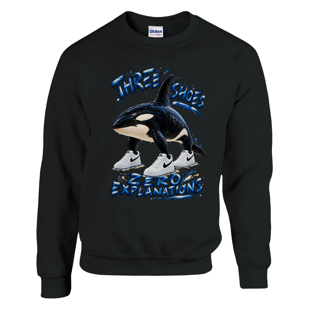 Orcalero Orcala print on a black crewneck sweatshirt, front view