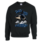 Orcalero Orcala print on a black crewneck sweatshirt, front view