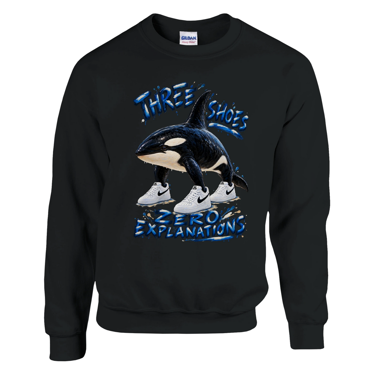 Orcalero Orcala print on a black crewneck sweatshirt, front view