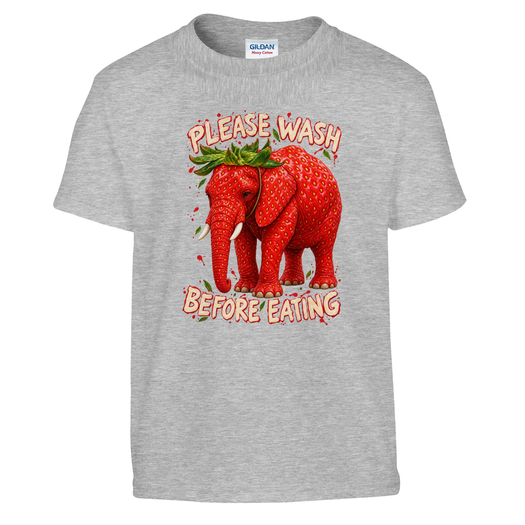 Strawberry Elephant print on a sport grey kids t-shirt, front view