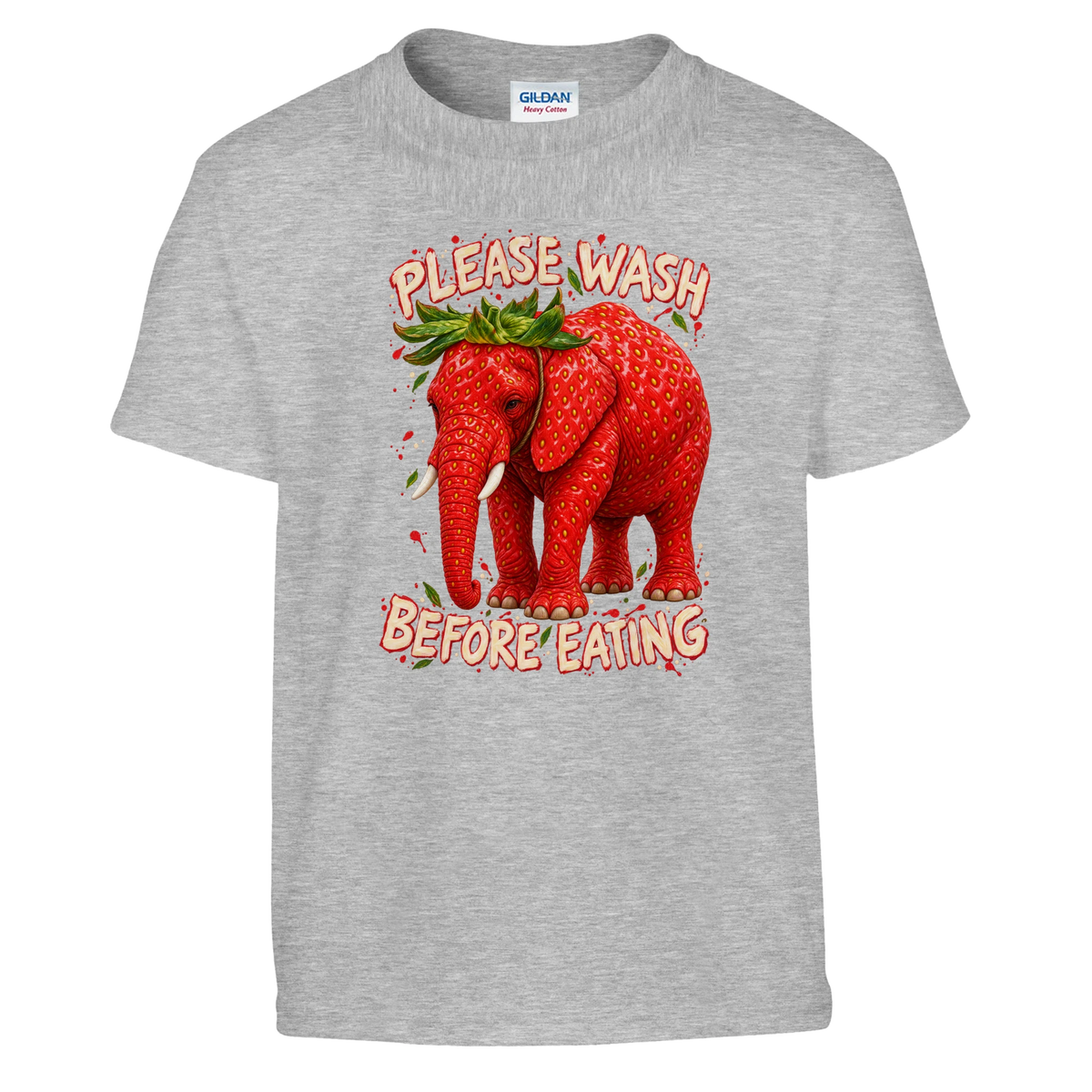 Strawberry Elephant print on a sport grey kids t-shirt, front view