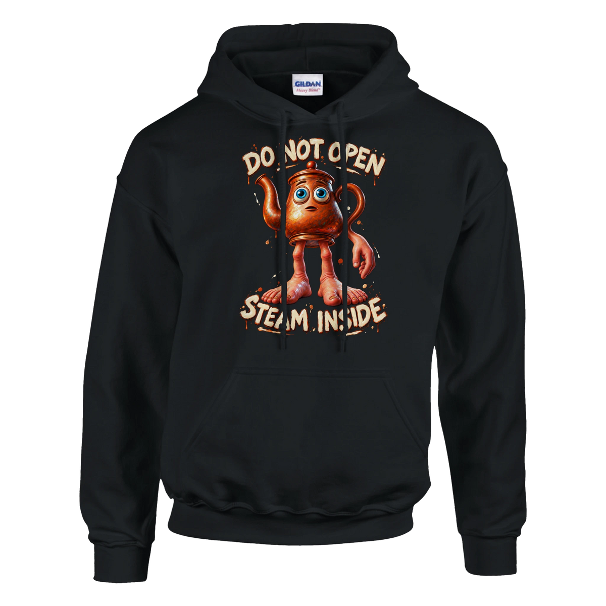 Ta Ta Ta Sahur print on a black pullover hoodie, front view
