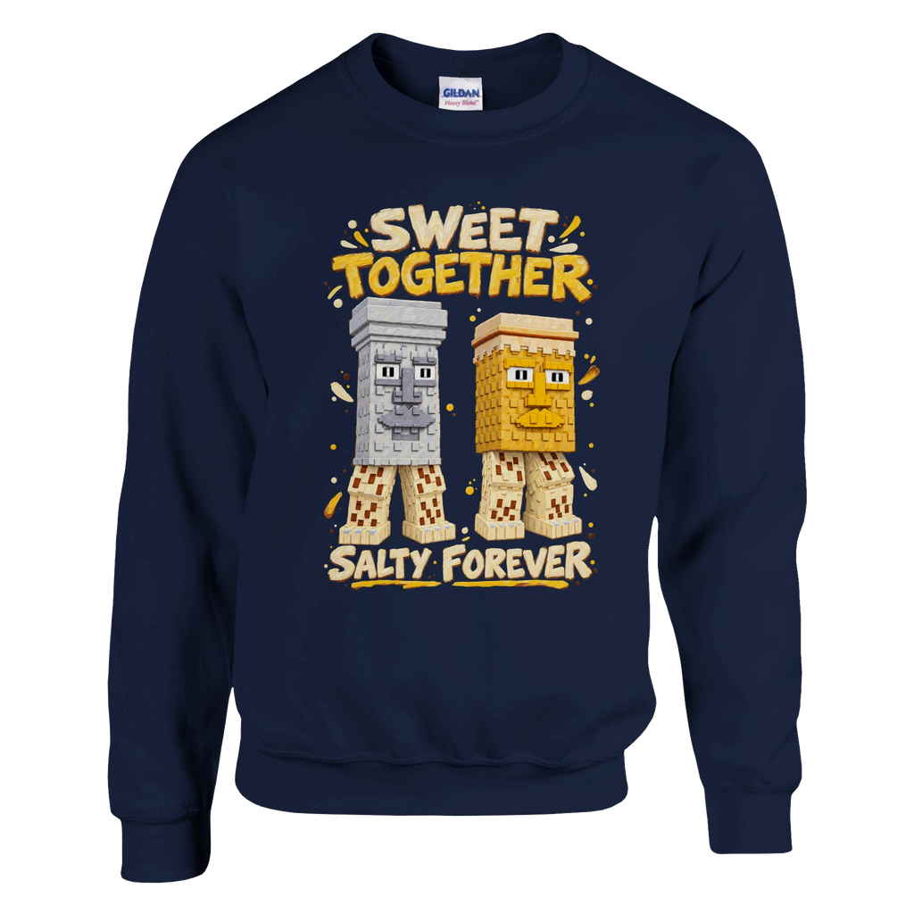 Garama and Madundung print on a navy crewneck sweatshirt, front view