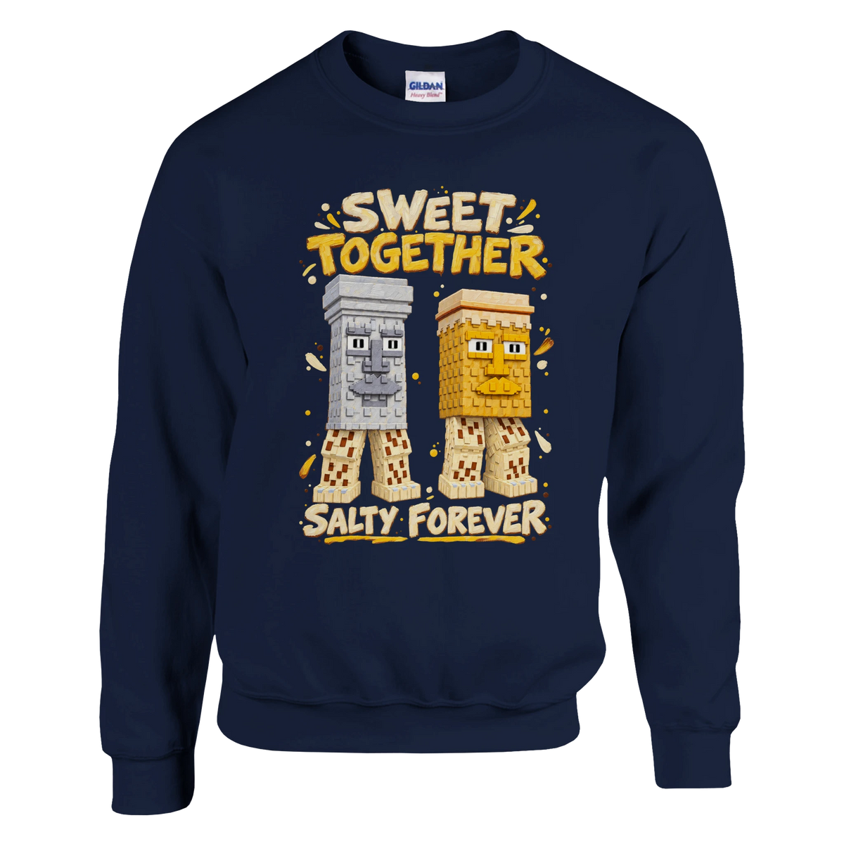 Garama and Madundung print on a navy crewneck sweatshirt, front view