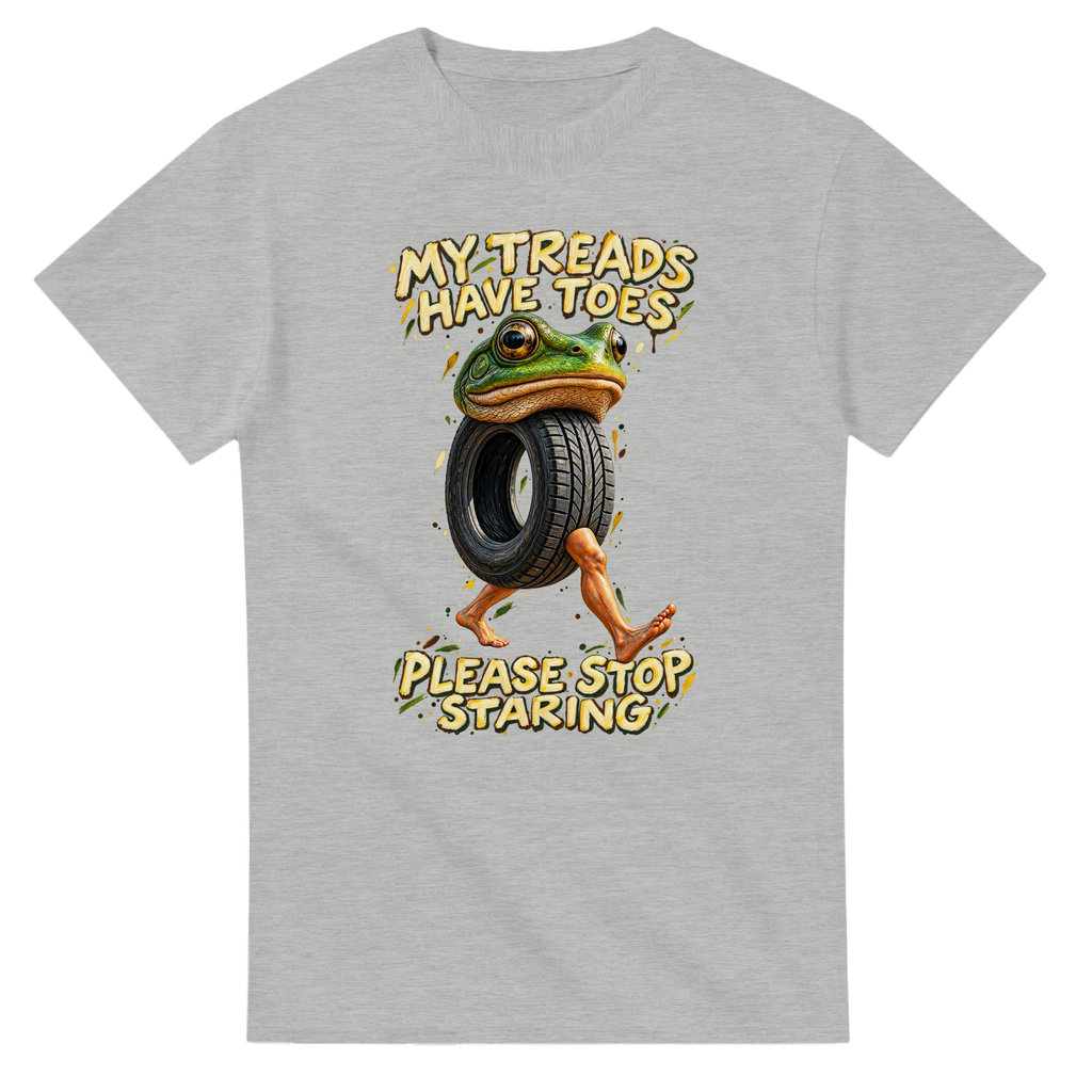 Ash t-shirt printed with Boneca Ambalabu and the words My treads have toes, please stop staring, front view