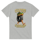 Ash t-shirt printed with Boneca Ambalabu and the words My treads have toes, please stop staring, front view