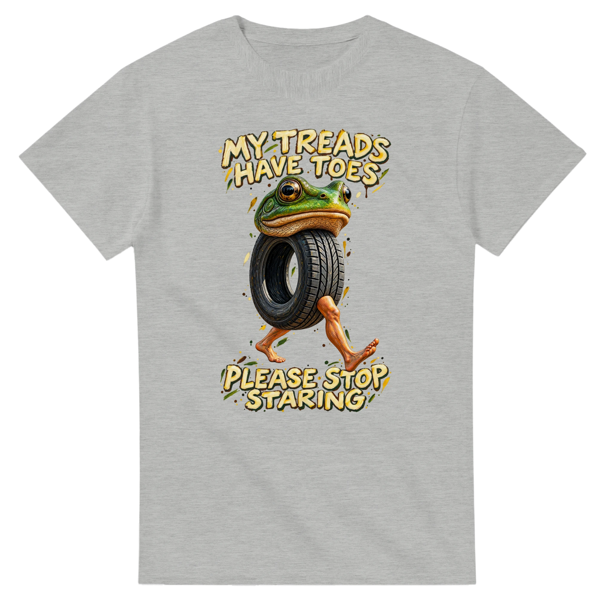 Ash t-shirt printed with Boneca Ambalabu and the words My treads have toes, please stop staring, front view