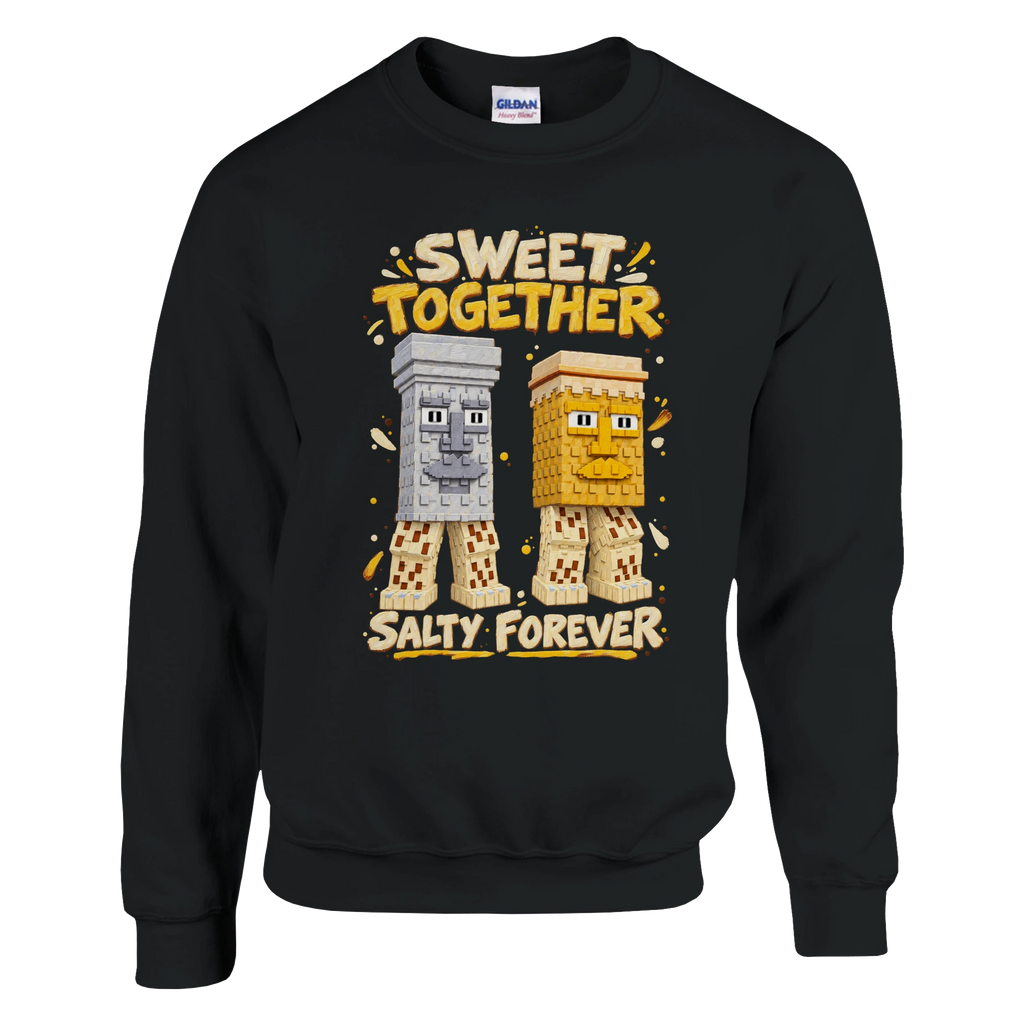 Garama and Madundung print on a black crewneck sweatshirt, front view