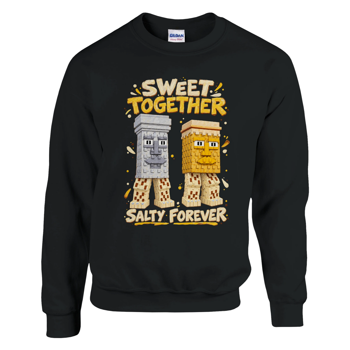 Garama and Madundung print on a black crewneck sweatshirt, front view