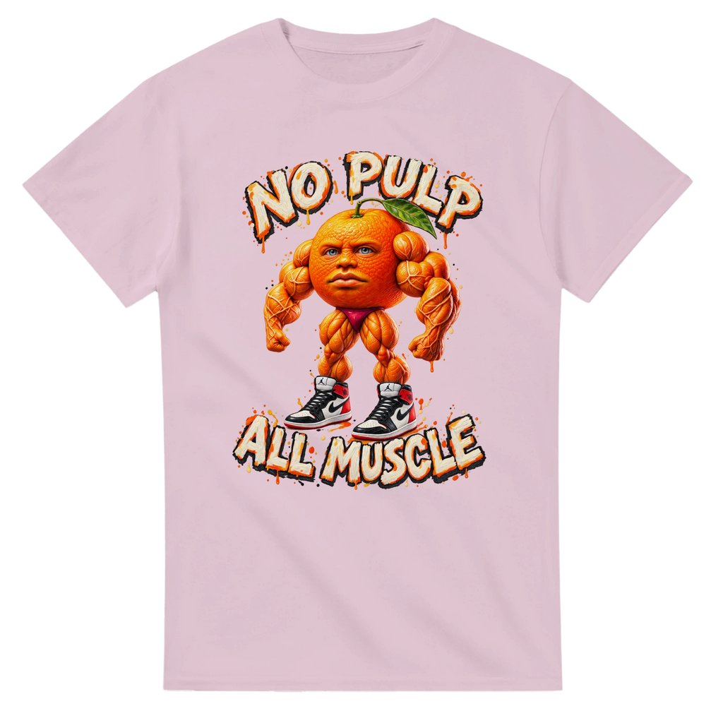 Light Pink t-shirt printed with Odin Din Din Dun and the words No pulp, all muscle, front view