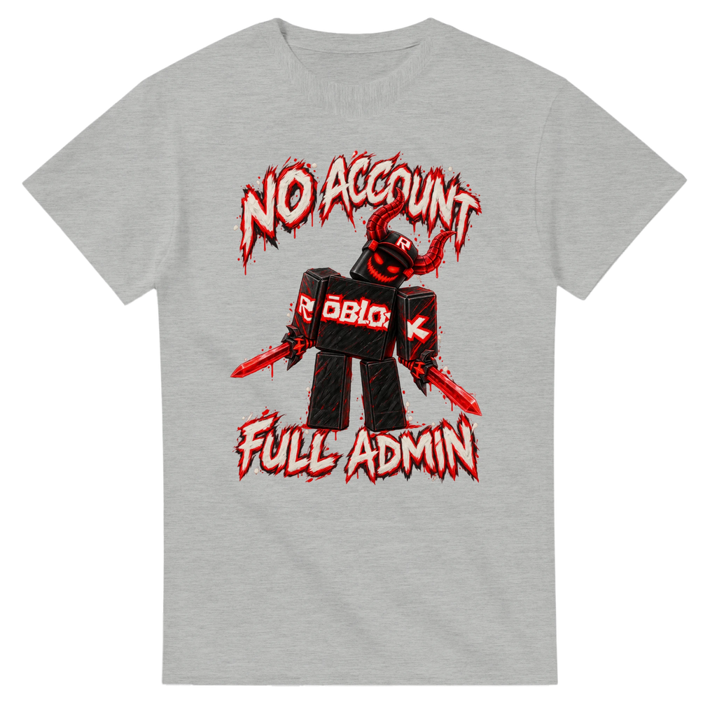 Ash t-shirt printed with Guest 666 and the words No account, full admin, front view