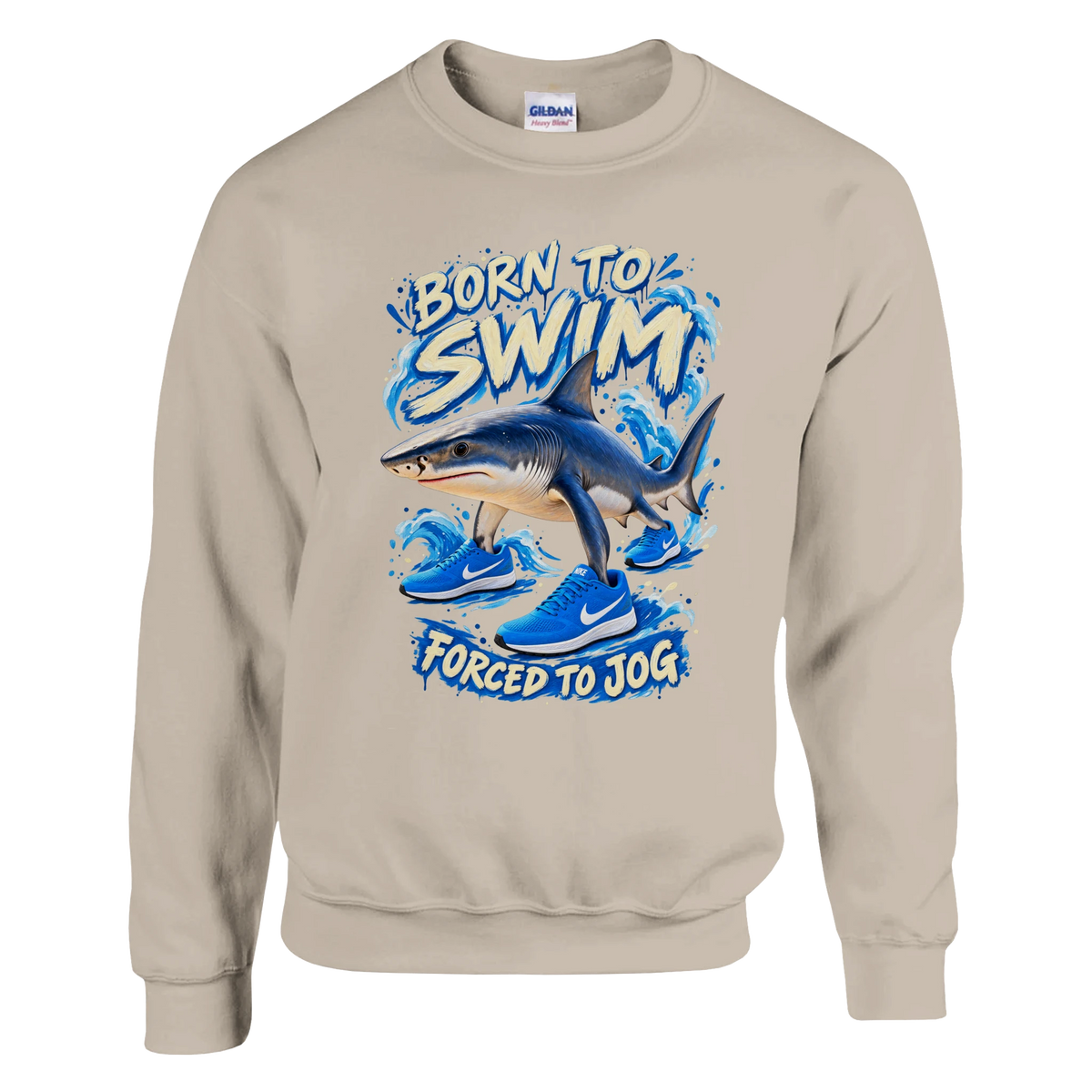 Tralalero Tralala print on a sand crewneck sweatshirt, front view