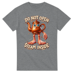 Sport Grey t-shirt printed with Ta Ta Ta Sahur and the words Do not open, steam inside, front view