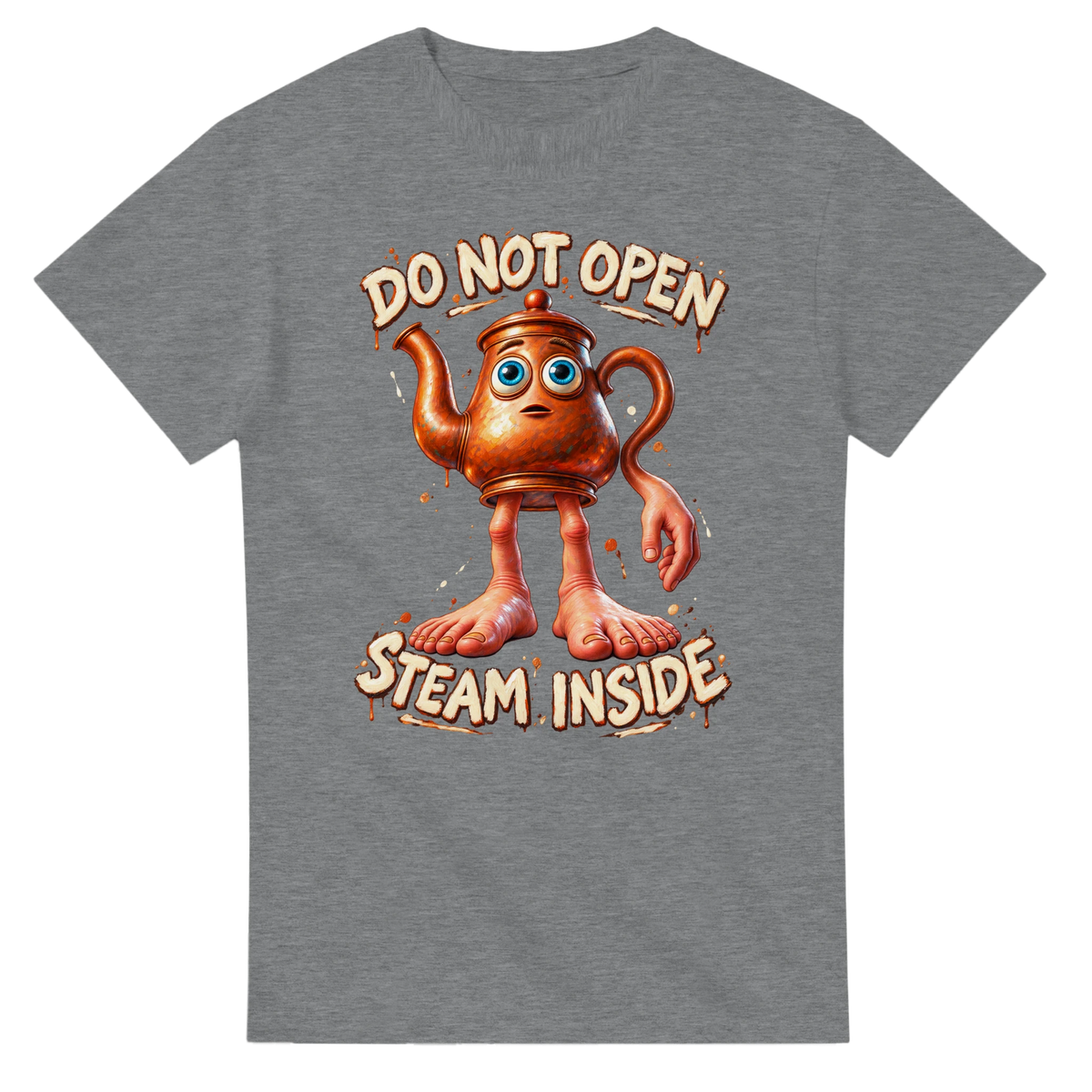 Sport Grey t-shirt printed with Ta Ta Ta Sahur and the words Do not open, steam inside, front view