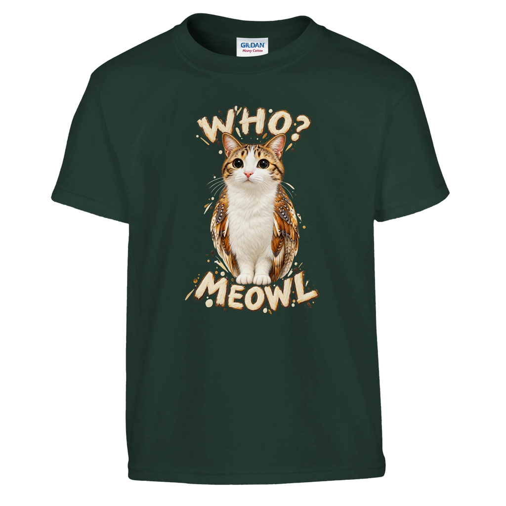 Meowl print on a forest green kids t-shirt, front view