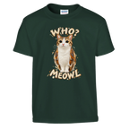 Meowl print on a forest green kids t-shirt, front view