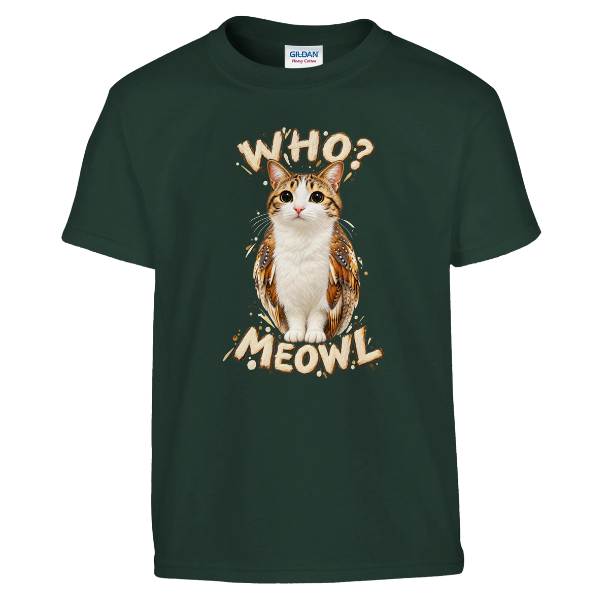 Meowl print on a forest green kids t-shirt, front view