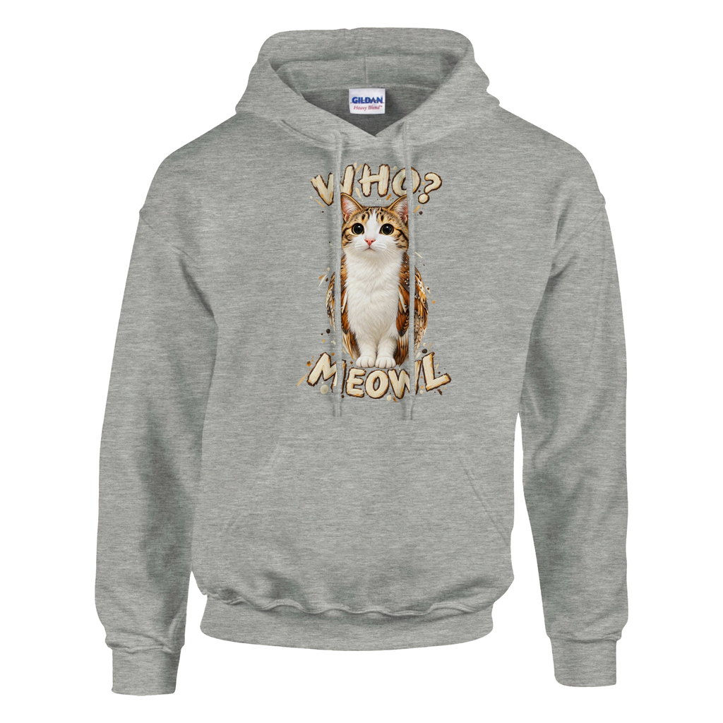 Meowl print on an ash grey pullover hoodie, front view